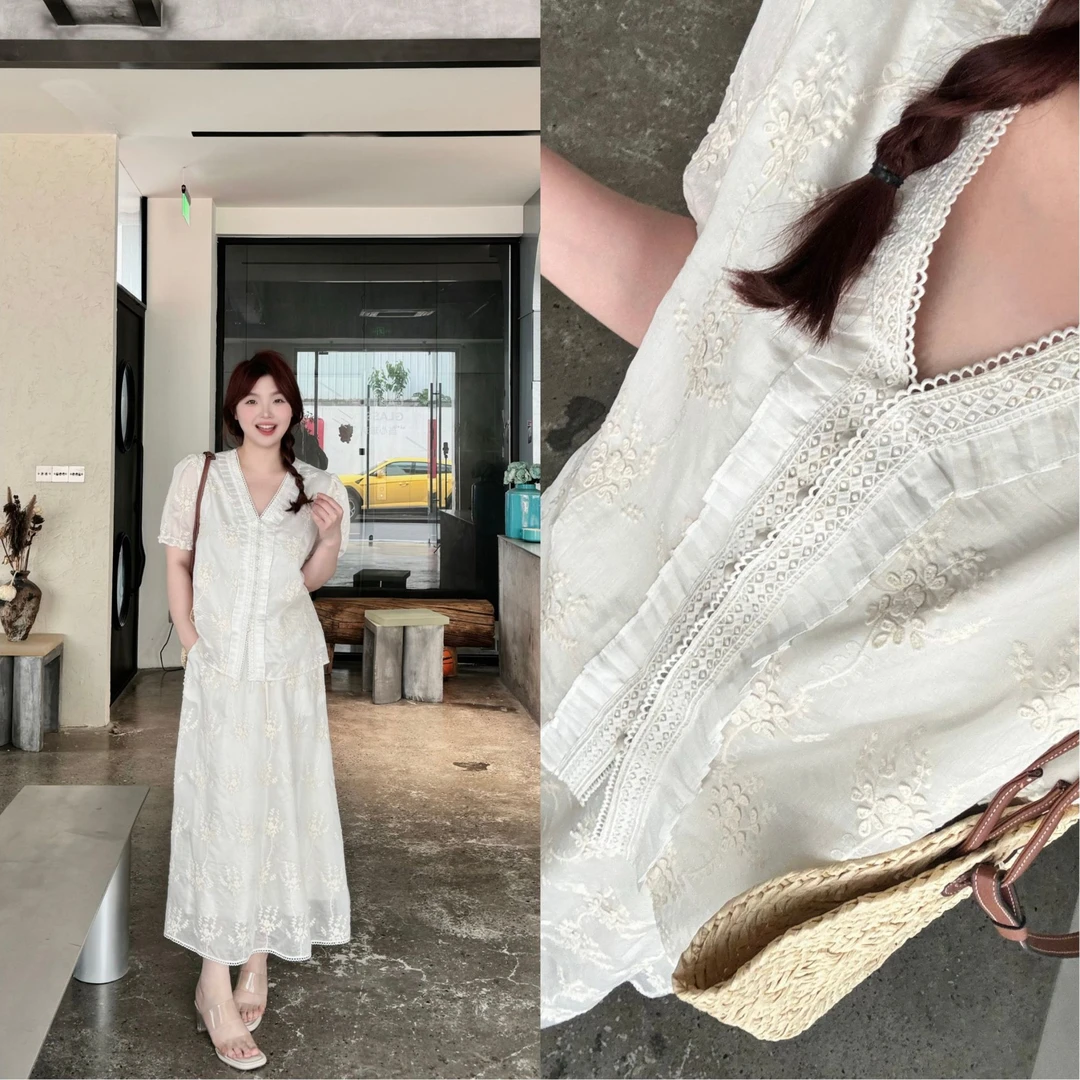 正价529晶咕【兰】立体刺绣V领木耳边短袖上衣+全松紧腰抽绳半身裙