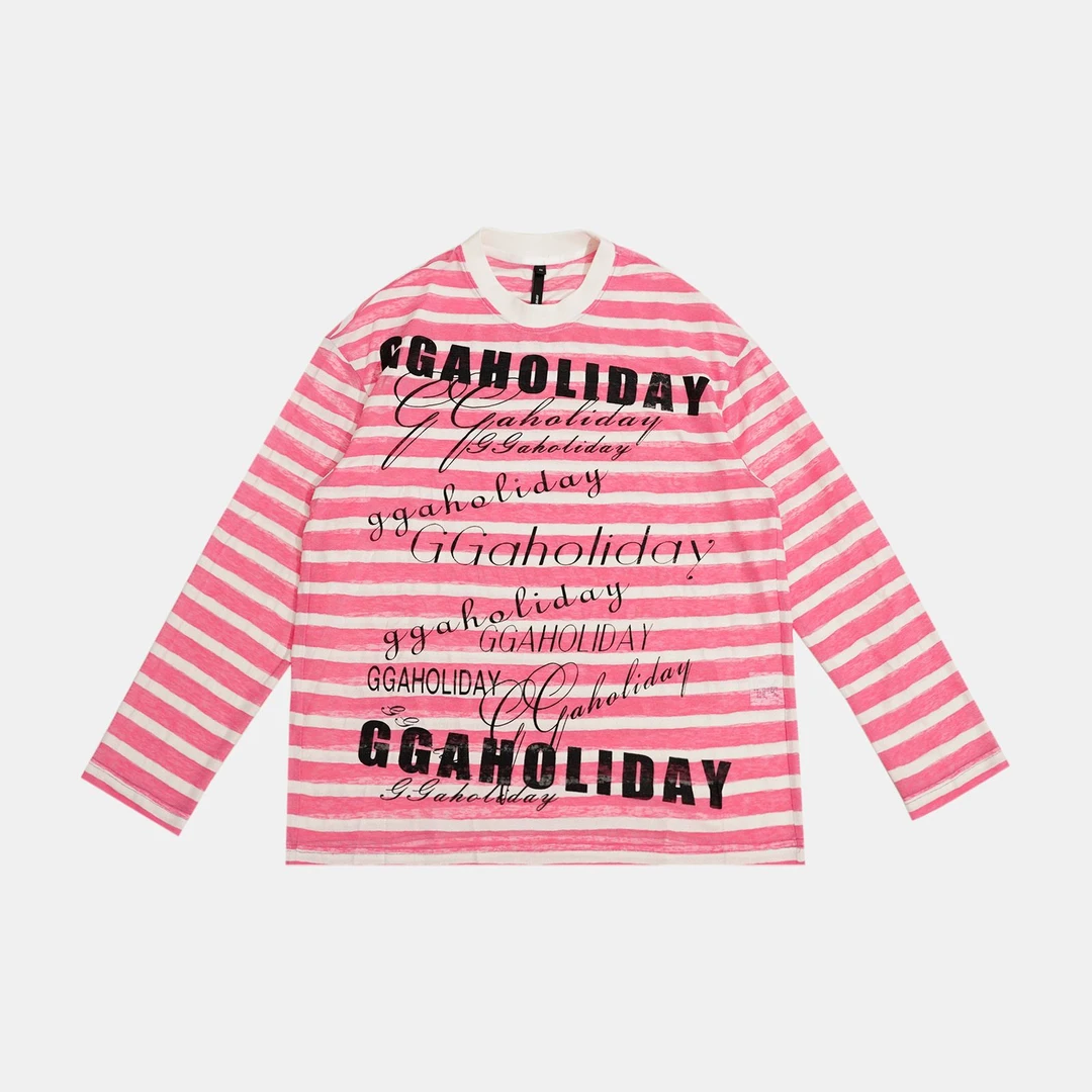 GGAHOLIDAY新款时尚宽松休闲街头条纹国潮长袖T恤情侣上衣-152065