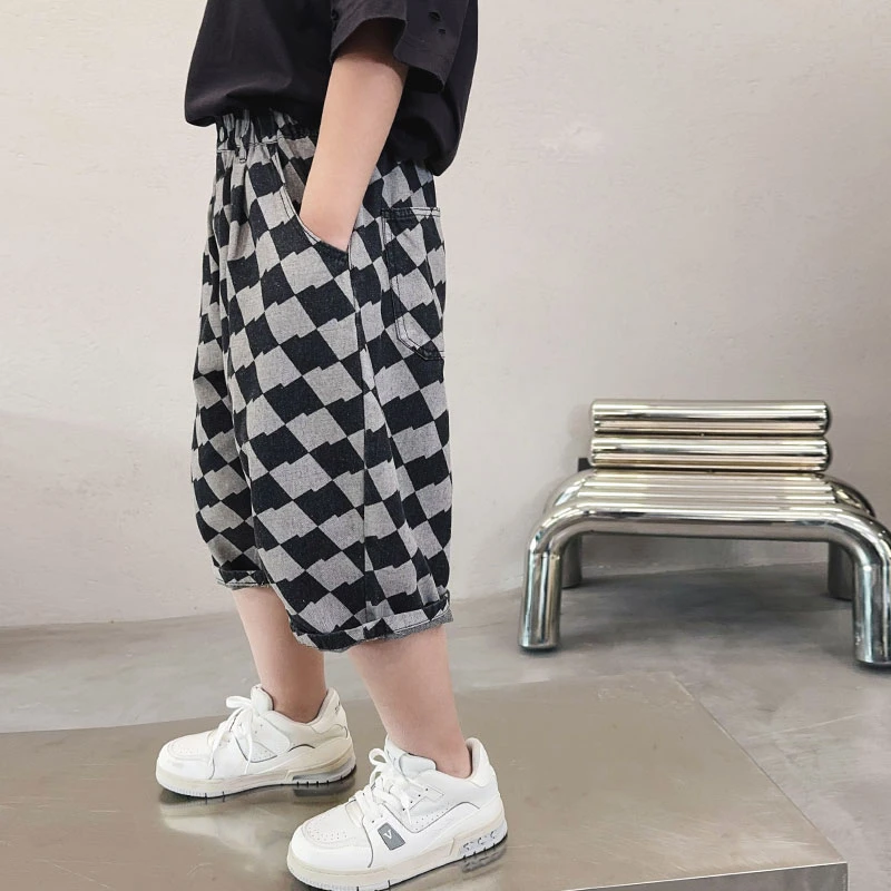 男童痞帅棋盘格短裤夏季宽松牛仔五分裤中大童复古休闲S7544