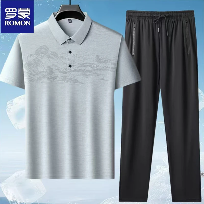 罗蒙夏季冰丝休闲运动套装男士短袖中年爸爸POLO衫翻领T恤两件套