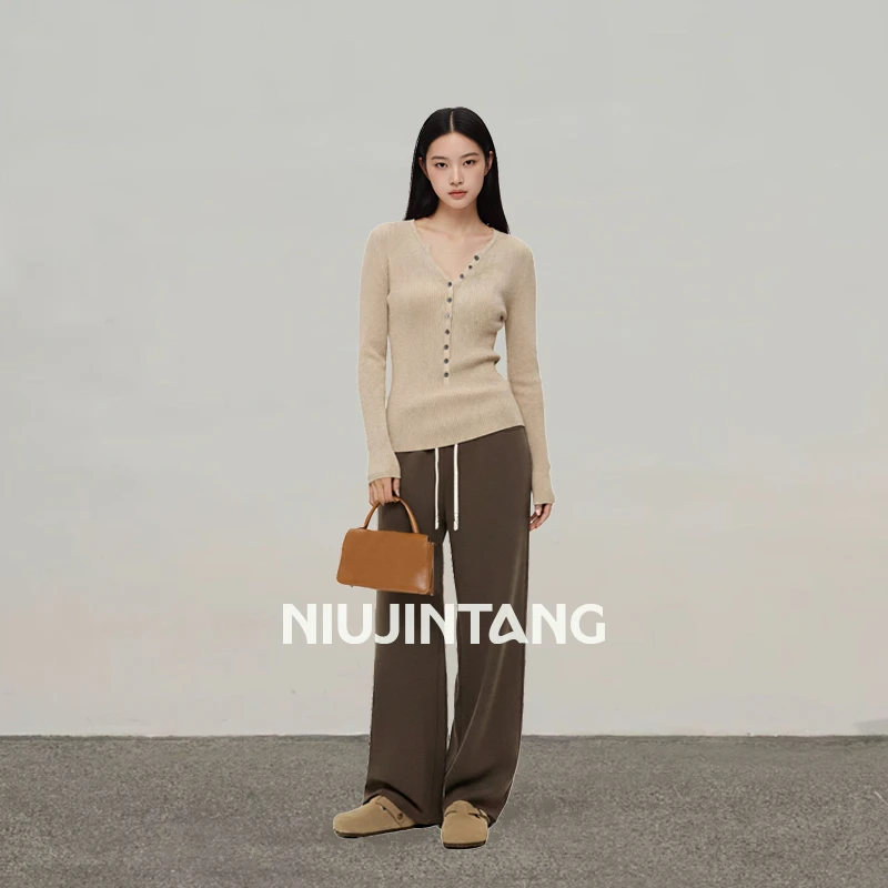 【NJT】2025年秋冬厚款显瘦百搭松紧腰垂感直筒裤（无口袋）HRY0136