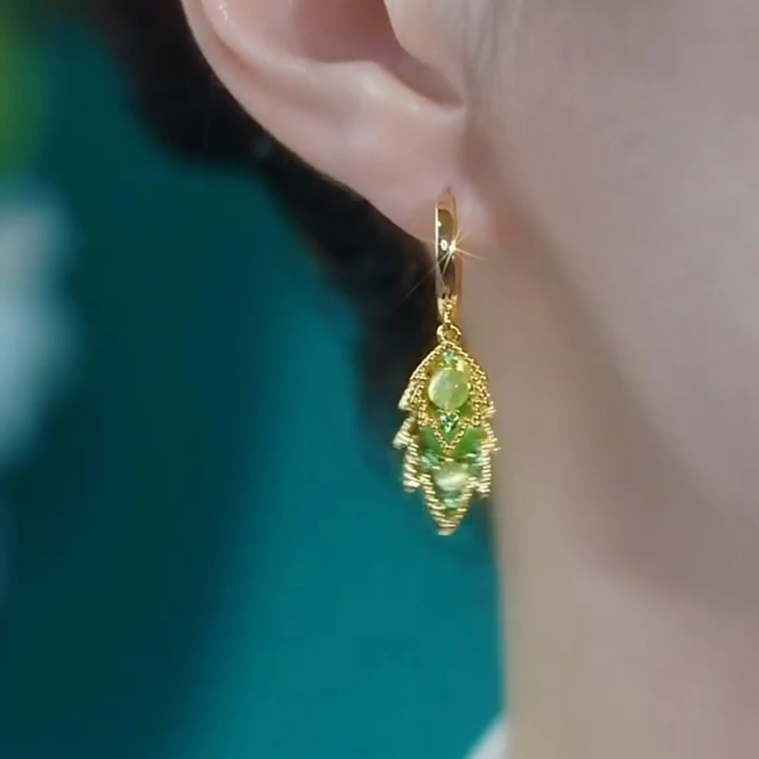 国风新中式轻奢绿树叶耳饰精致时尚气质百搭耳环居家日用套装