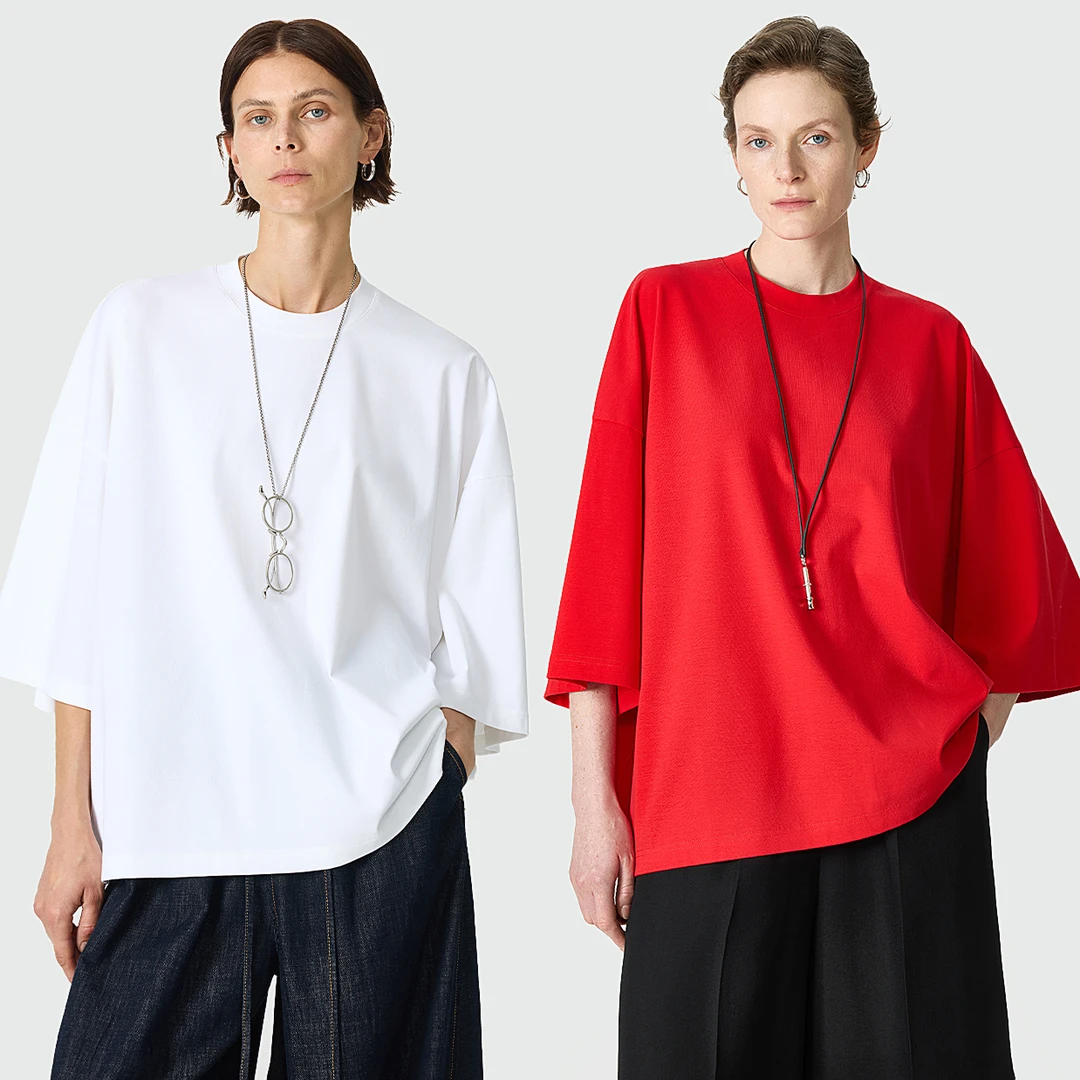 KEIGAN/开间棉莱卡舒弹罗纹经典佰搭宽松廓形圆领短袖T恤纯棉休闲