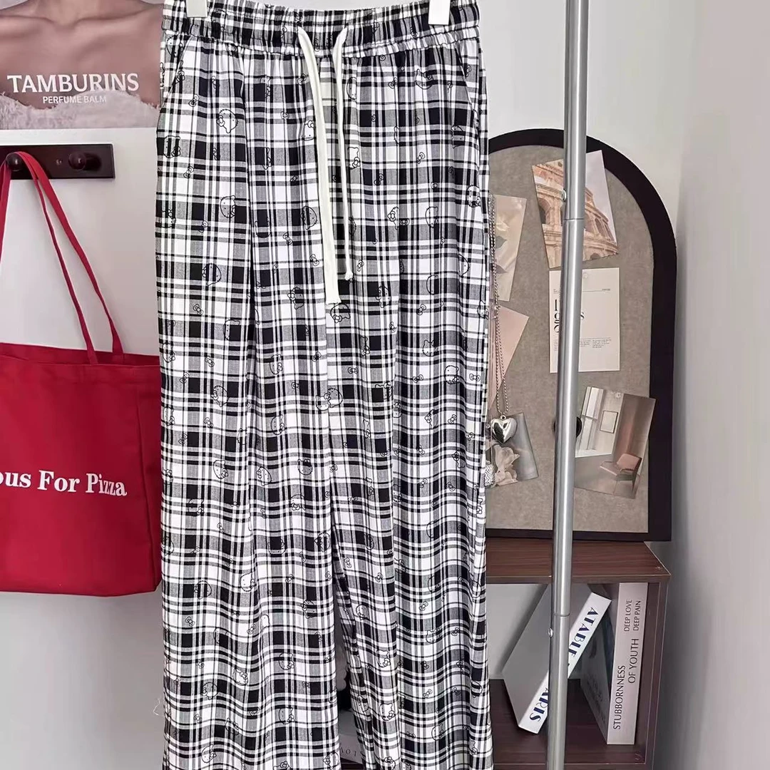 2025新款KT格子裤女宽松百搭休闲松紧腰抽绳直筒阔腿长裤子