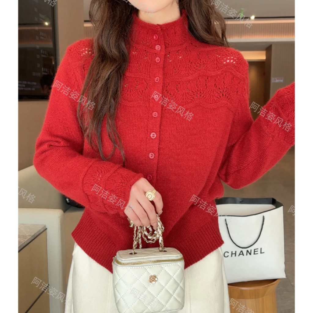 半高领镂空针织衫短款秋冬开衫女冬季新款宽松减龄毛衣外套