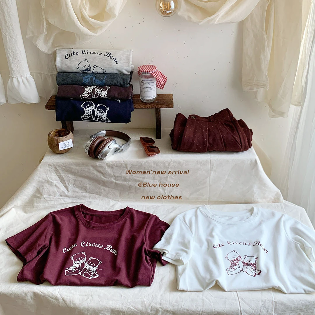 卡通小熊字母印花云朵绒短袖T恤女早秋正肩圆领宽松休闲灰色上衣