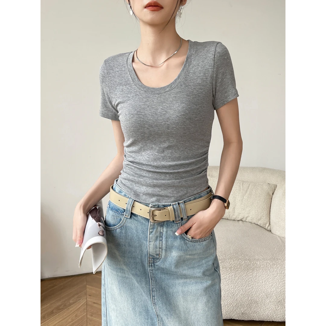 灰色u领短袖女t恤2025新款夏季修身收腰短款内搭打底简约韩系上衣
