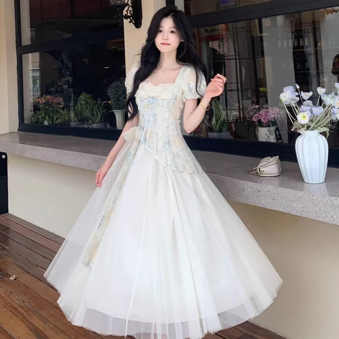 不规则荷叶边方领连衣裙裙子女夏季收腰显瘦度假风小洋成人款长裙