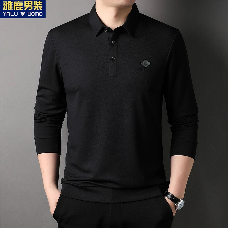 雅鹿男装新款商务无痕T恤春季男装质感休闲高档翻领套头长袖上衣