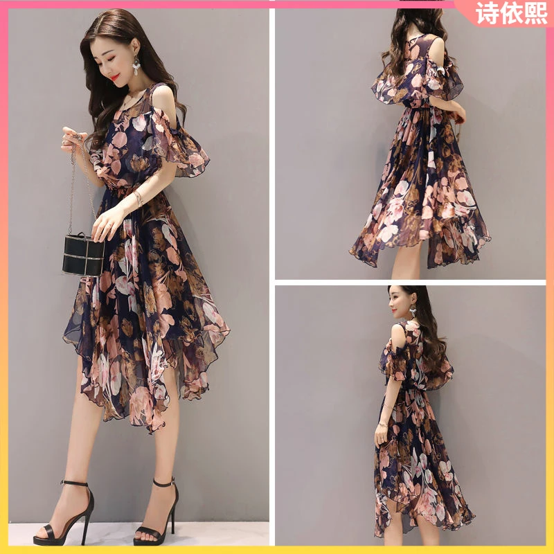 1女装2025新款夏装修身收腰不规则连衣裙显瘦露肩碎花流行裙子l