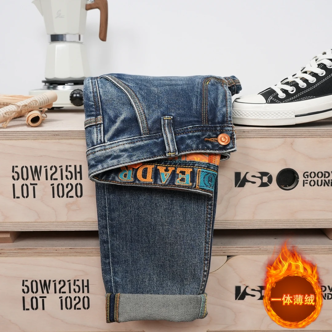 秋冬新款抓绒保暖牛仔裤蓝色男士修身小直筒休闲舒适斜口袋男裤子