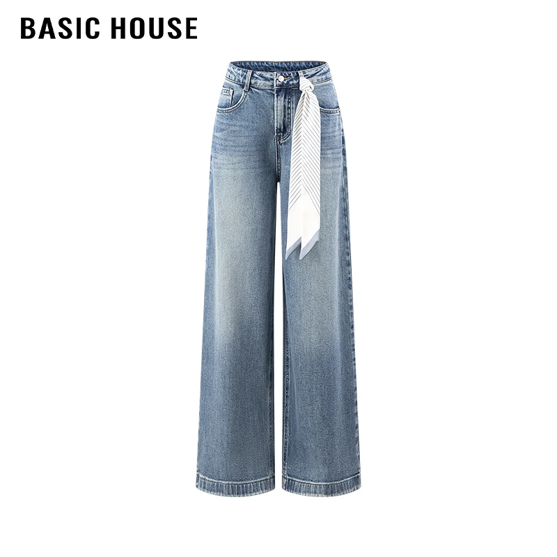 百家好/Basic House高腰丝巾系带宽松牛仔裤女通勤气质休闲直筒裤