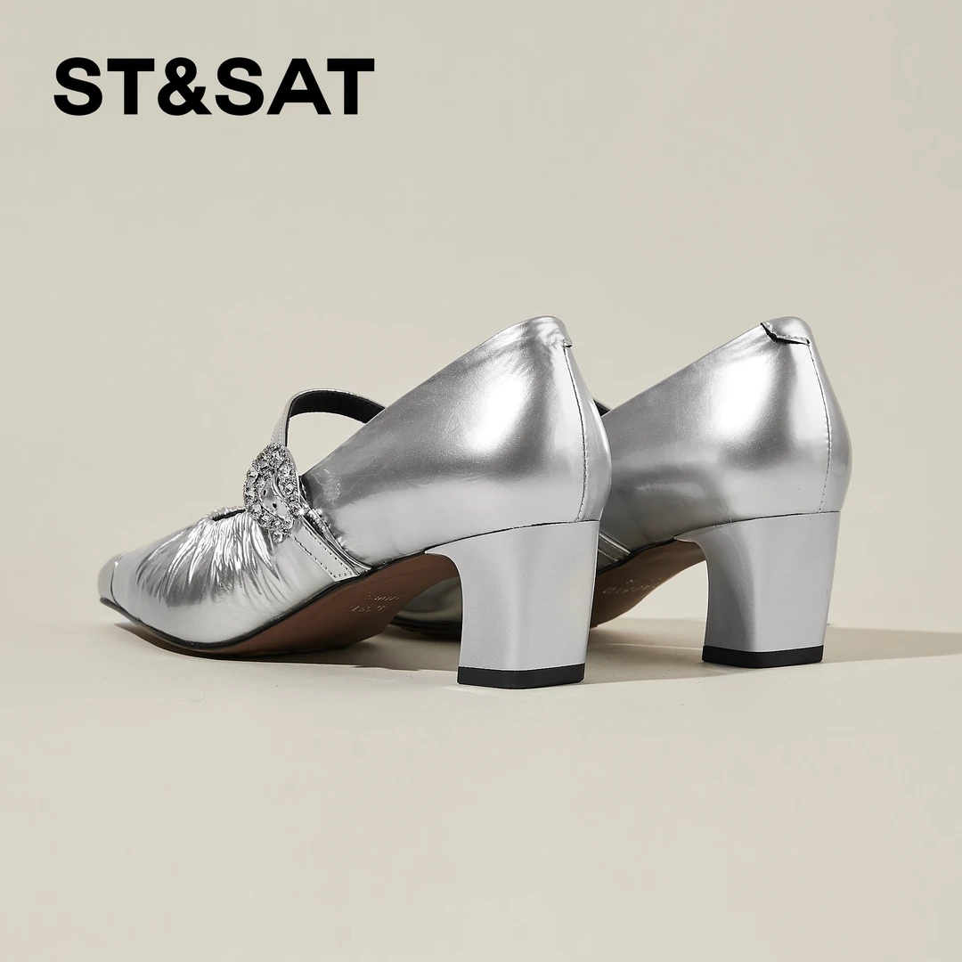 星期六复古牛皮玛丽珍鞋女款2025春夏新款黑色高跟鞋法式浅口单鞋