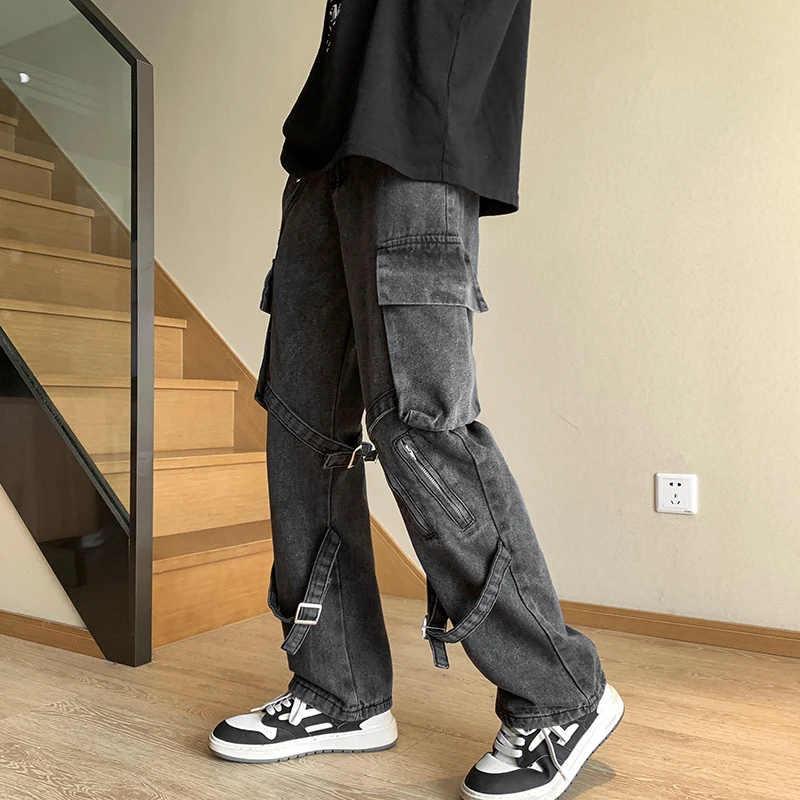 美式vibe裤子ins高街潮牌黑色绑带牛仔裤男直筒修身拉链工装裤秋