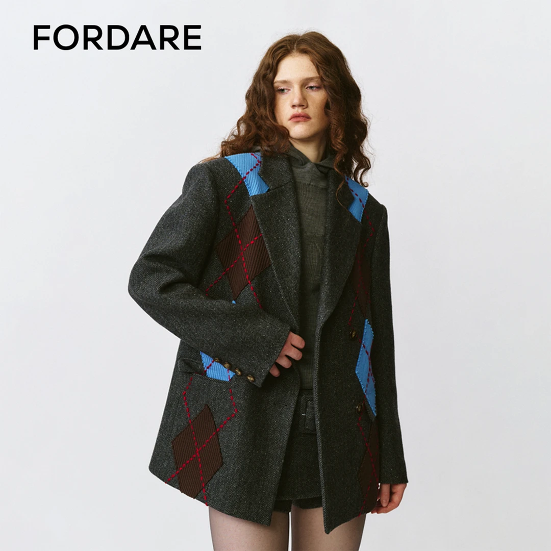 FORDARE/福蝶 25秋冬新品 毛织贴布菱形格羊毛西装休闲时尚1105