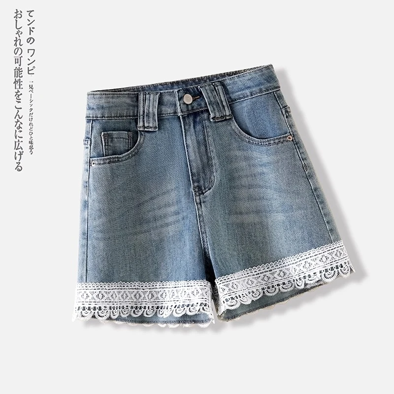 蕾丝花边牛仔短裤女2025夏季新款小个子外穿热裤高腰显瘦三分裤子