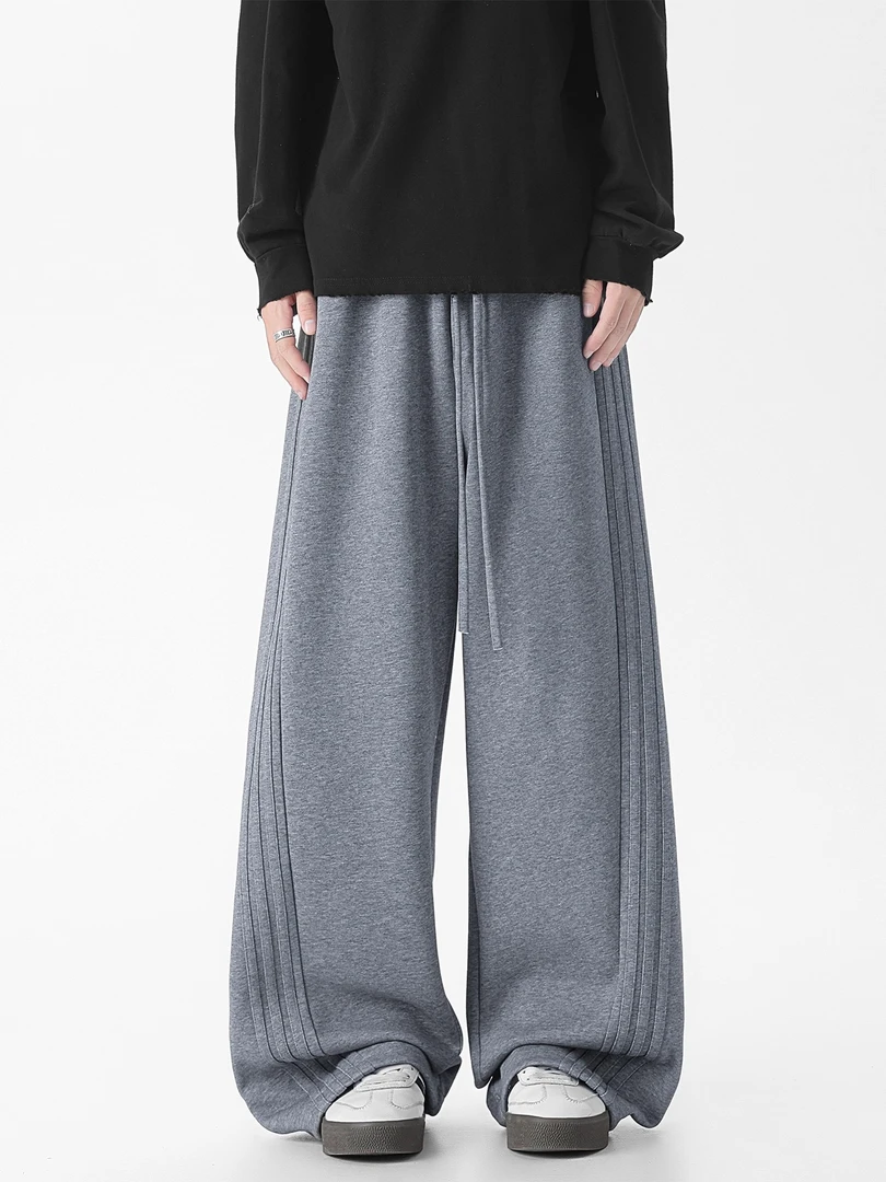 美式重磅垂感黑色卫裤男款秋冬季新款潮牌宽松直筒加绒长裤休闲款