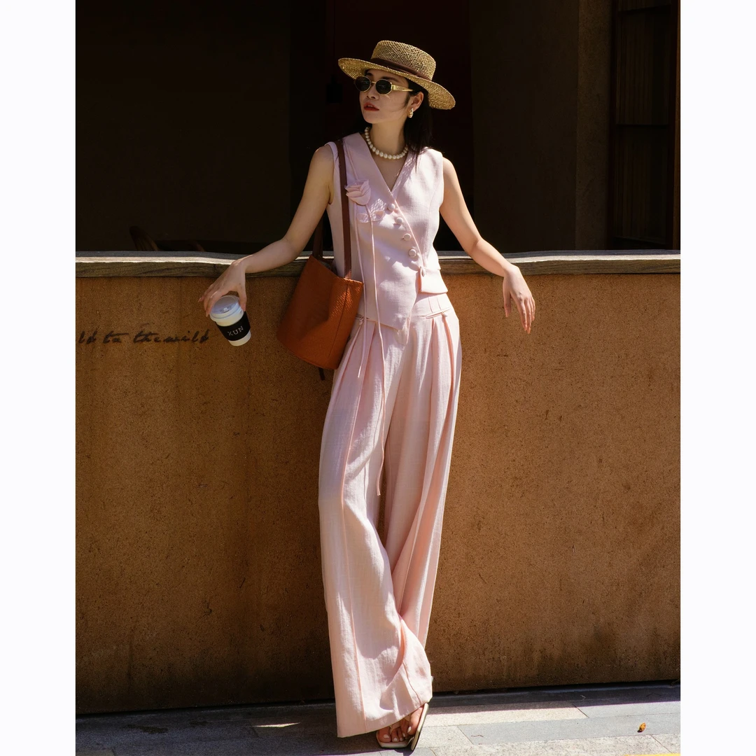 ZEROYK小众设计感时尚套装夏季亚麻手工花朵收腰马甲阔腿裤两件套