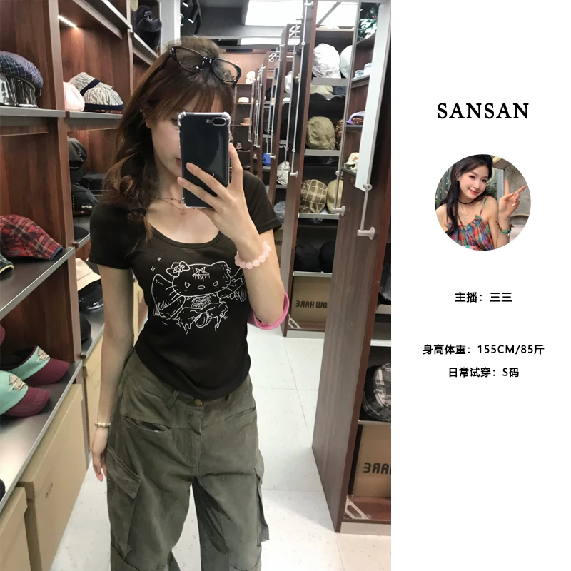 【三三】（喵喵特工）夏季新款猫咪印花百搭修身显瘦U领短袖T恤上衣女