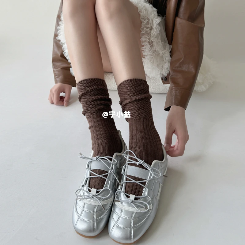 宁小益慵懒风中筒袜子女春秋款针织粗坑条拼接袜美拉德宽松堆堆袜