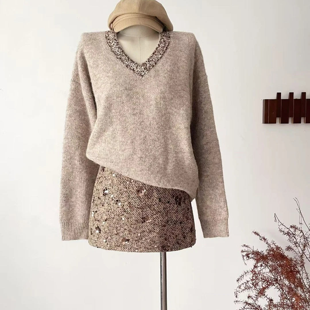 CHEISLY 2025年新款韩系松弛感v领毛衣女秋季慵懒宽松套头上衣潮