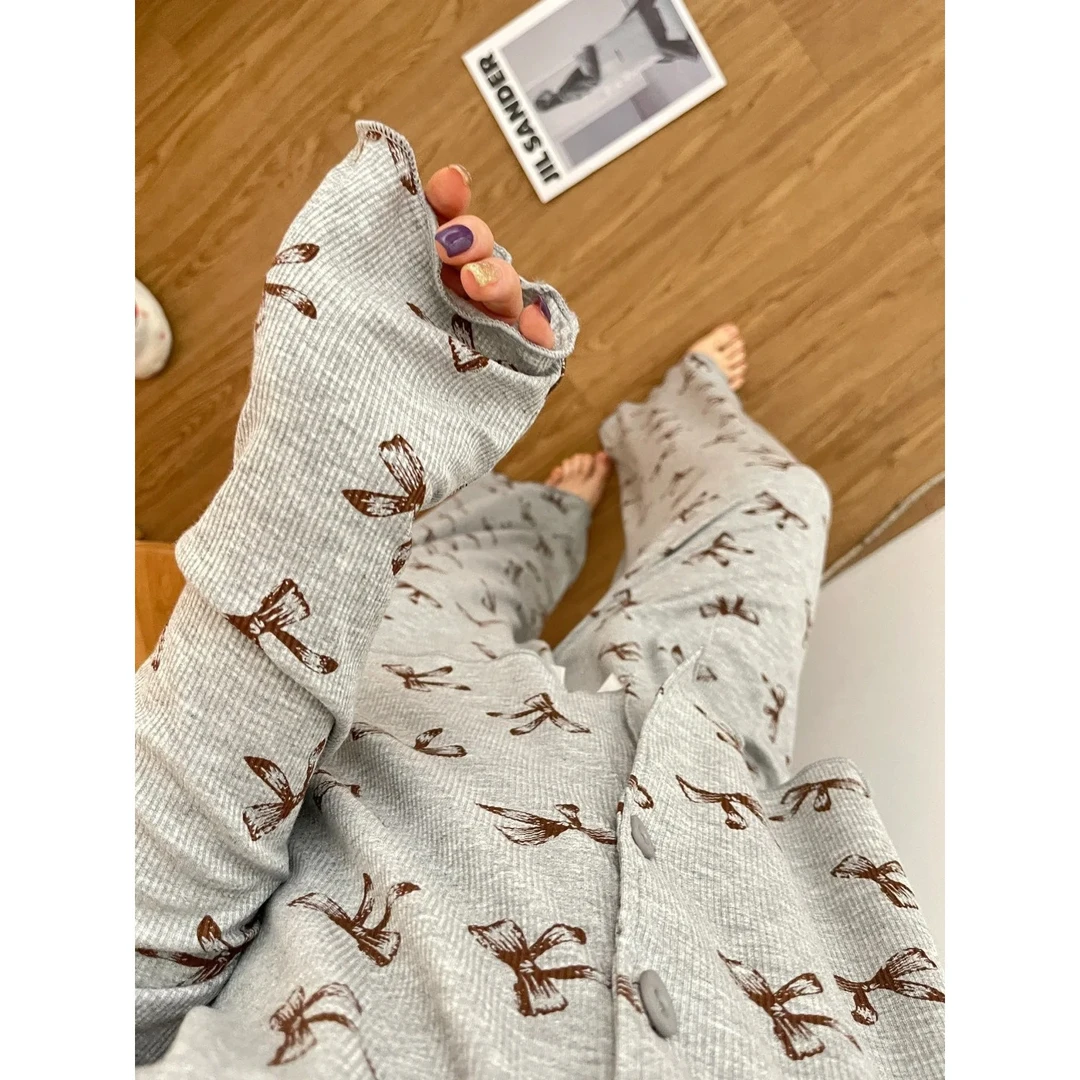 【蝴蝶结印花】韩版少女长袖睡衣女春秋新款大码慵懒感家居服套装