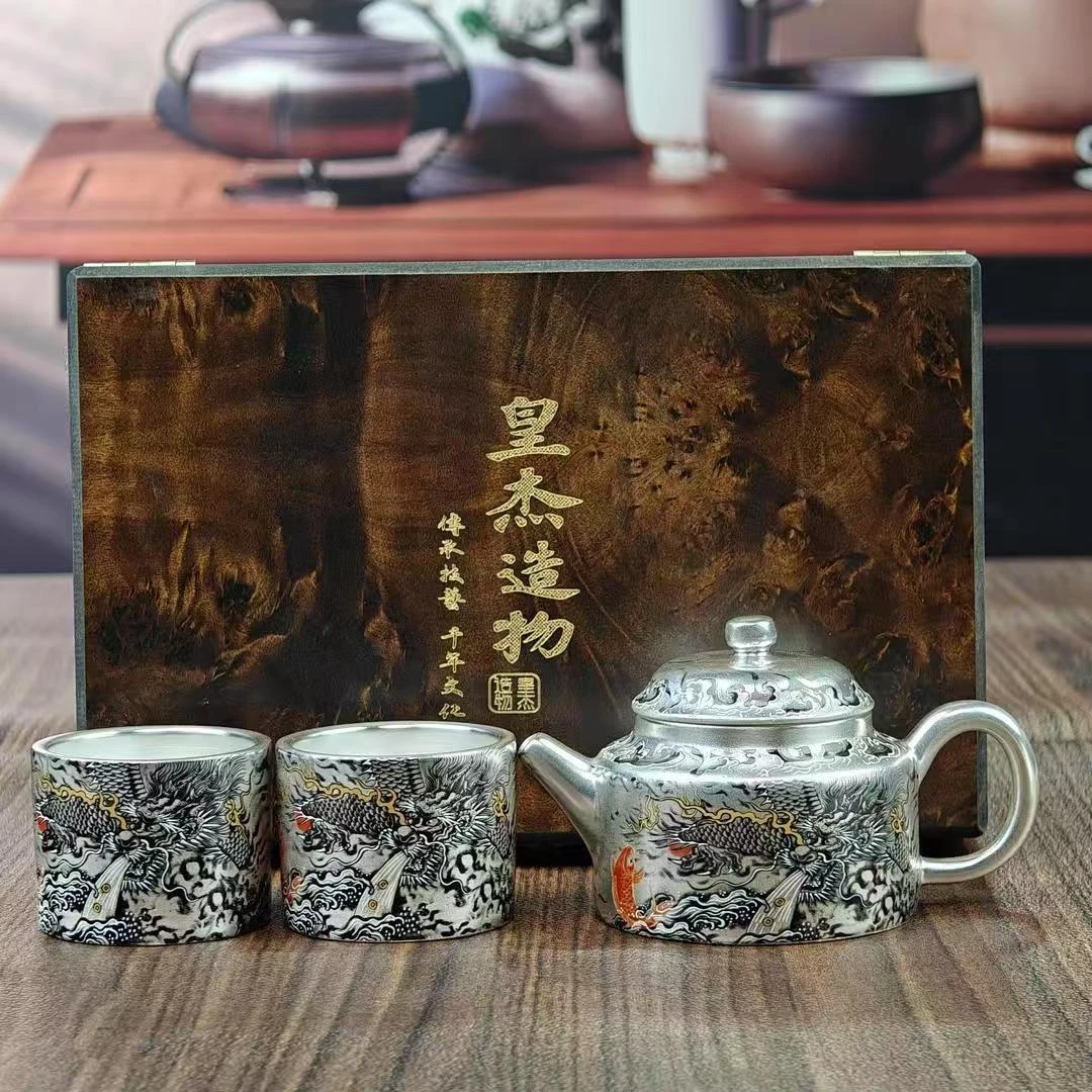 周鸿杰手绘墨龙德钟壶中国风鎏银泡茶壶茶杯高档家用功夫茶具套装