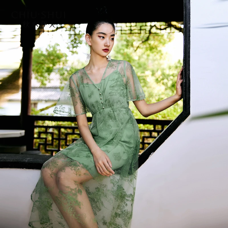 【许半夏专属】秋水伊人网纱绣花复古绿连衣裙夏季新款女装X