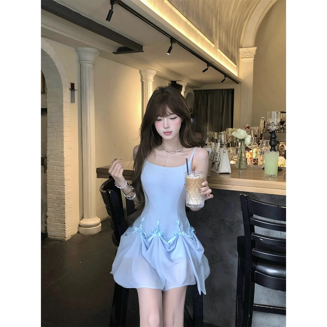 多重甜妮法式蝴蝶结吊带中长款连衣裙女春夏季修身显瘦A字裙短裙