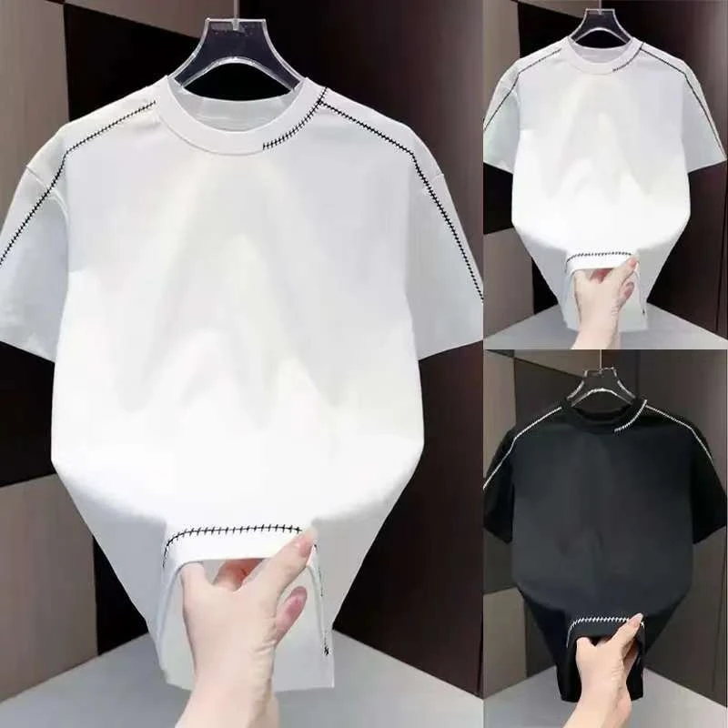 男士新款明线装饰简约短袖T恤潮流时尚百搭圆领拼接体恤百搭上衣