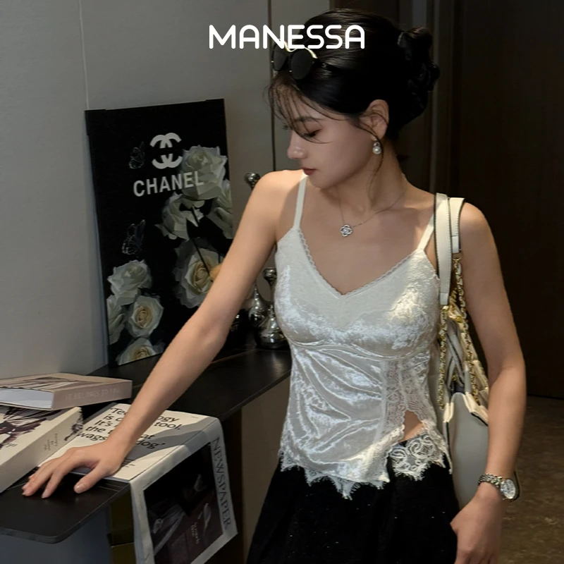 曼娜莎【流光风】丝绒蕾丝纯欲吊带名媛性感辣妹百搭带杯背心内衣女