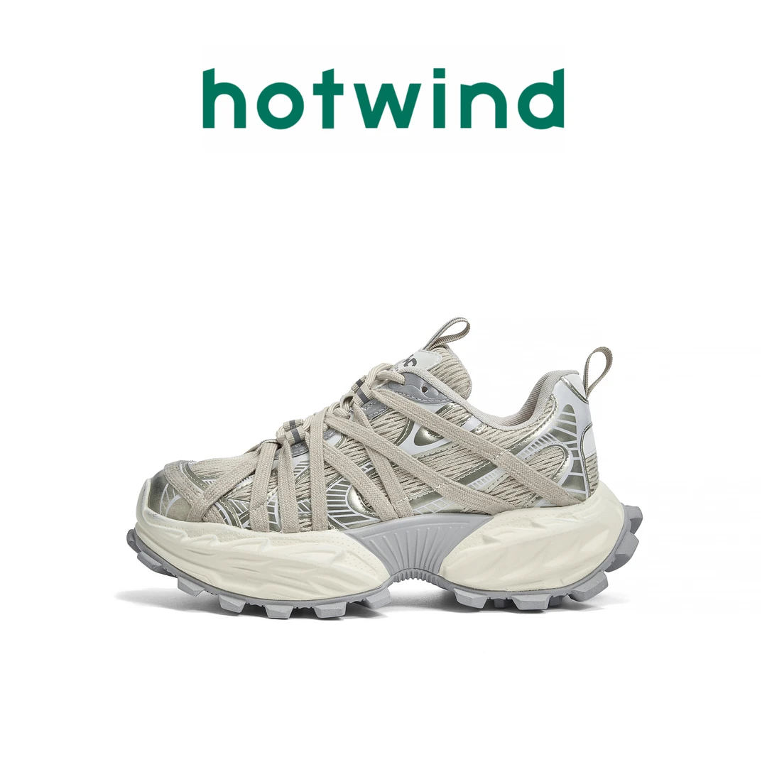 Hotwind/热风2025春季新款银色厚底老爹鞋女款网面透气增高休闲鞋