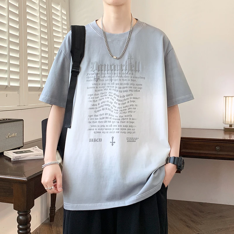 渐变短袖男2025夏季薄款宽松落肩袖t恤男生潮流凉感休闲半袖上衣