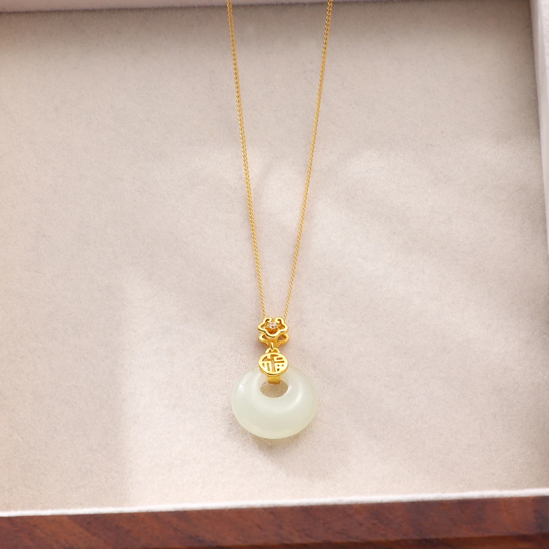 Tender JingerS925银天然和田玉祥云福牌平安扣项链