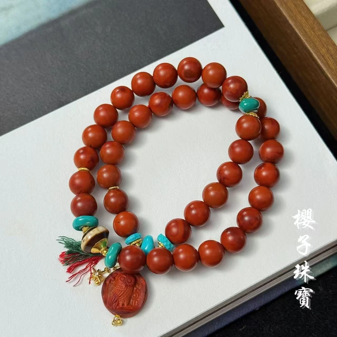 樱子 | 晨明 18K金原矿绿松包浆南红时尚百搭双圈手串*WYZNS2636