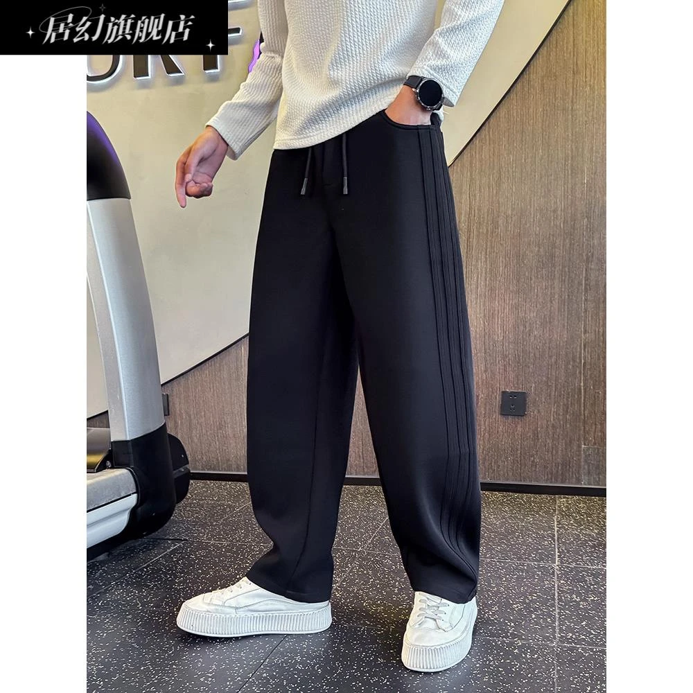 居幻2025冬季高级感时尚条纹直筒卫裤痞帅风弯刀裤裤子男款休闲裤