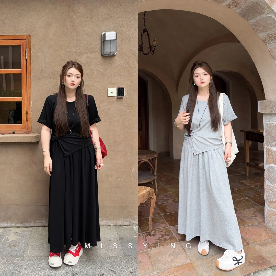 应小姐【甜氧日常】微胖大码韩版显瘦法式风夏季上衣+半裙套装