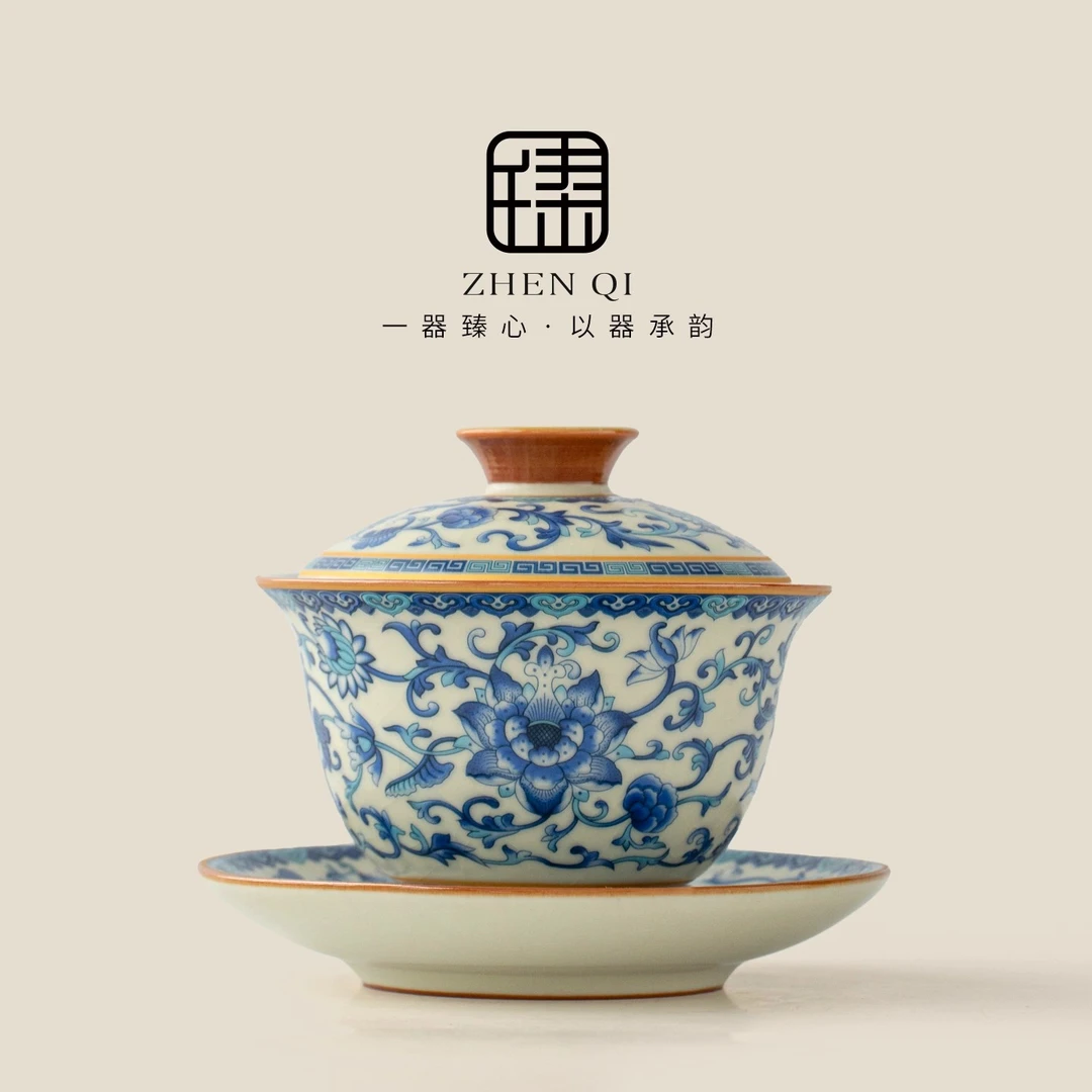 2025新款青花汝窑缠枝莲三才盖碗防烫家用功夫茶具大容量陶瓷茶碗