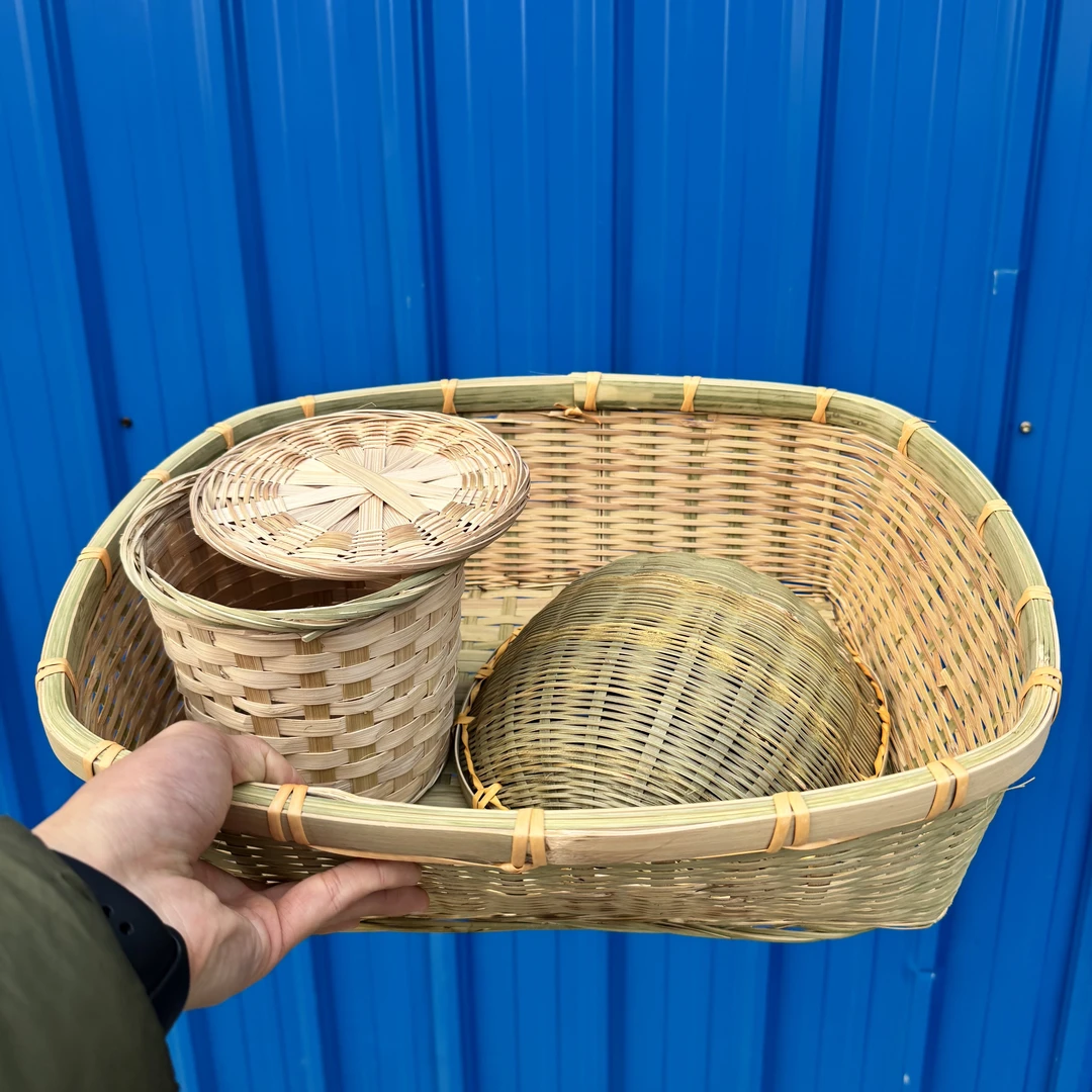 【到手三件】长方形大竹筐+23cm米箩+带盖小竹筐
