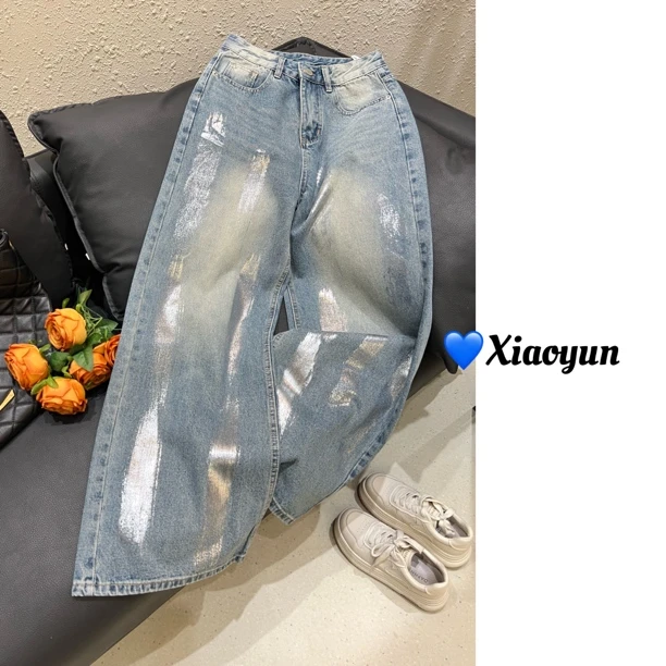 牛仔裤女春季慵懒潮牌复古创意扎染做旧设计宽松拖地牛仔阔腿裤
