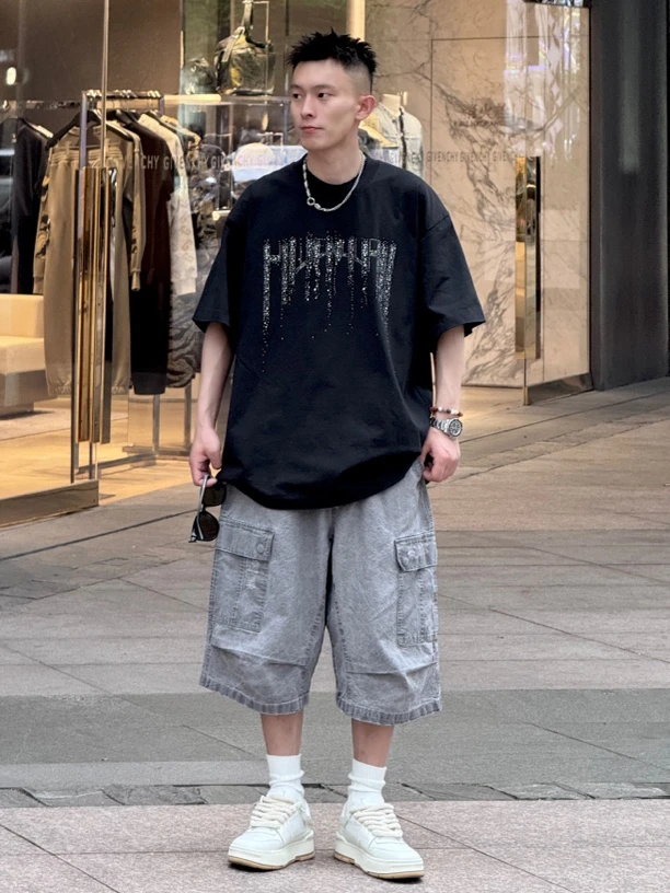 [7m 25SS]夏季男士高街痞帅闪钻重磅T恤 ins烫钻圆领宽松阔版短袖