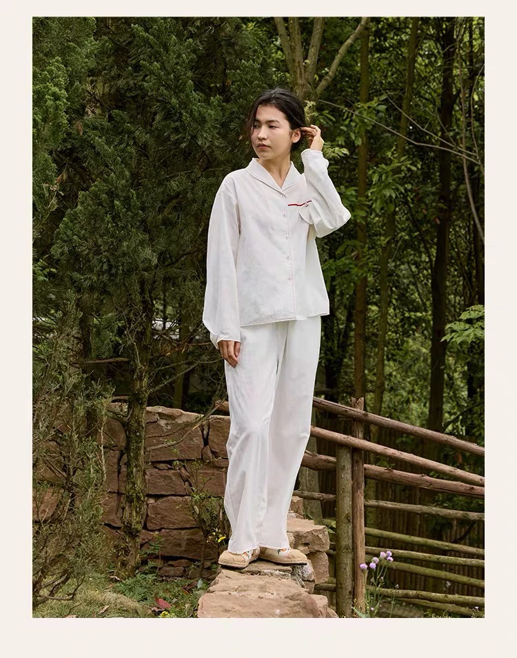朵朵可可25秋冬新品白色长袖纯棉女士家居服睡衣套装居家上衣翻领