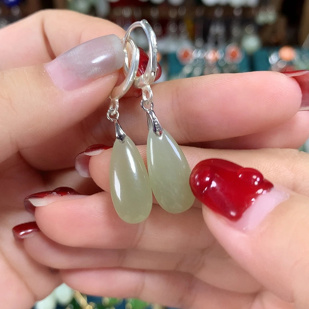 和田玉银S925镶嵌耳饰水滴