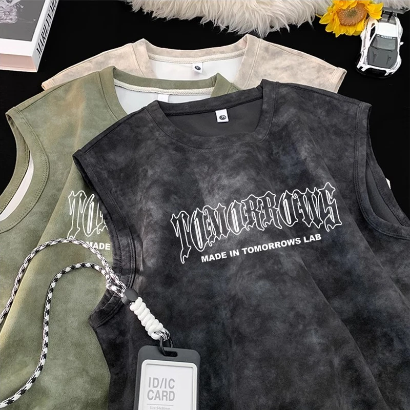 潮牌复古扎染字母印花麂皮绒坎肩背心男夏季宽松篮球无袖t恤男