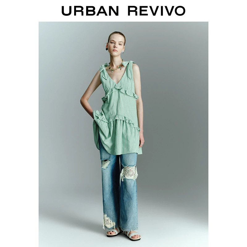 UR2025春季新款女装波嬉风条纹荷叶边蝴蝶结连衣裙UYL750023