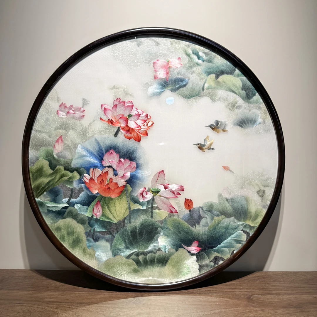 【荷花翠鸟】纯手工刺绣苏绣2-3丝高档玄关走廊新中式画芯80*80cm