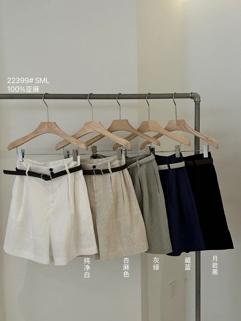 22399 中高腰短裤夏季薄款100亚麻五分潮流阔腿裤纯色（配腰带）