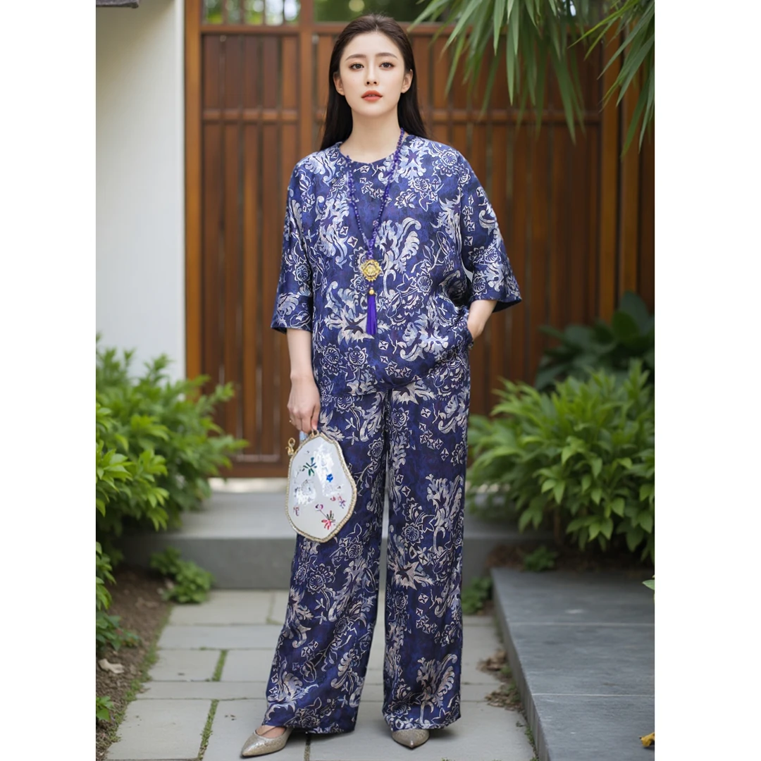 提花长袖厚款立领中长款上衣网红女士夏季中式碎花中国风
