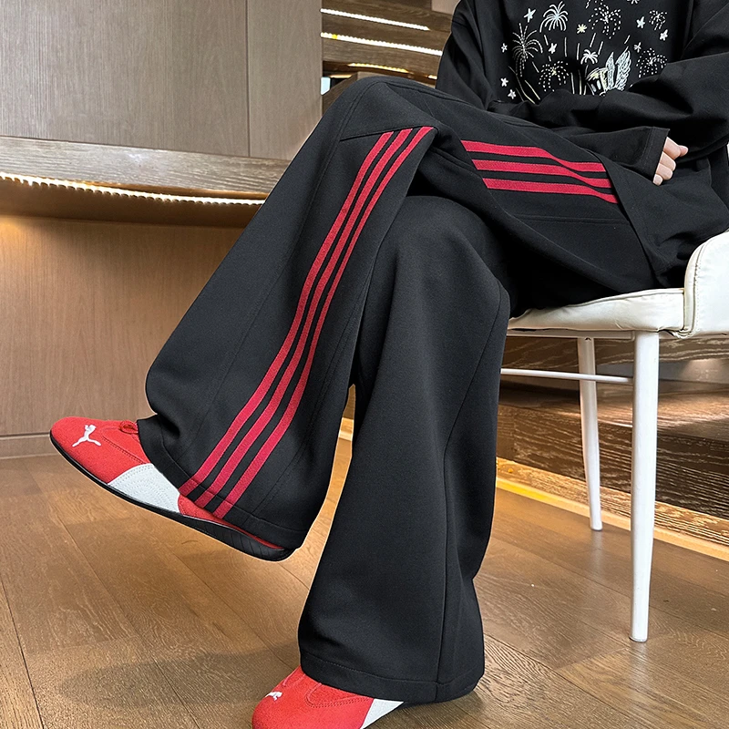 秋季美式重磅三条杆男款休闲运动卫裤宽松裤子直筒休闲裤长裤子男