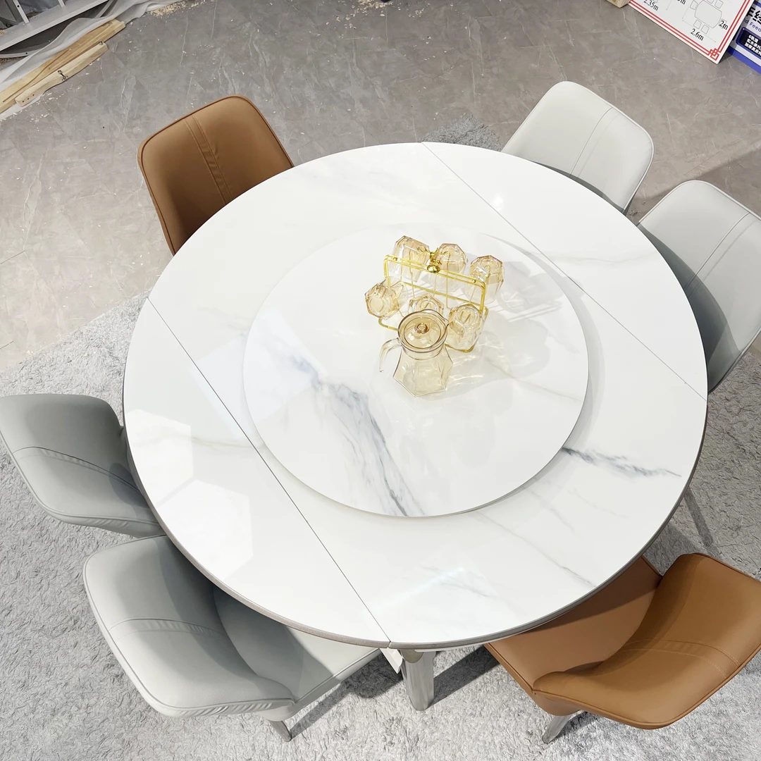 纯实木岩板餐桌椅组合伸缩折叠现代简约小户型可变圆桌吃饭桌家用